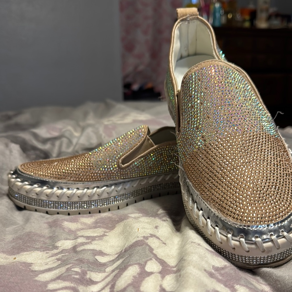 Tan and Silver Flats with Rhinestone Embellishments